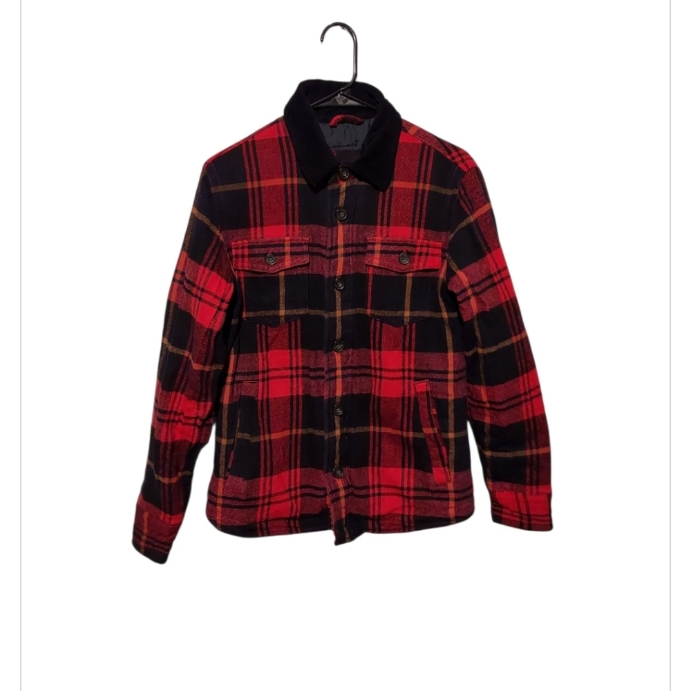 Y2K American Eagle Jacket S Plaid Flannel Red Chore Barn Coat Corduroy Cabincore